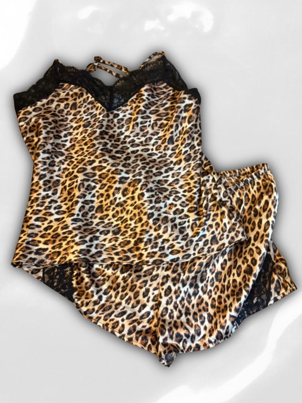 vintage silky Leopard & Lace Sleeveless Shorty Pajama / lingerie Set Small